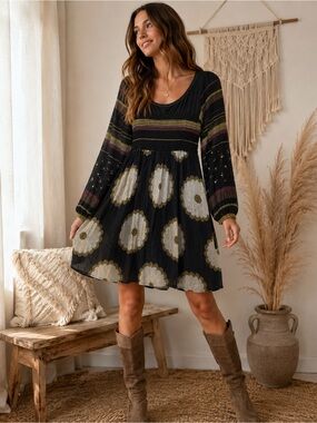 Scrapbook Originals Boho Midi Dress Smocked Floral Gauze USA Made M